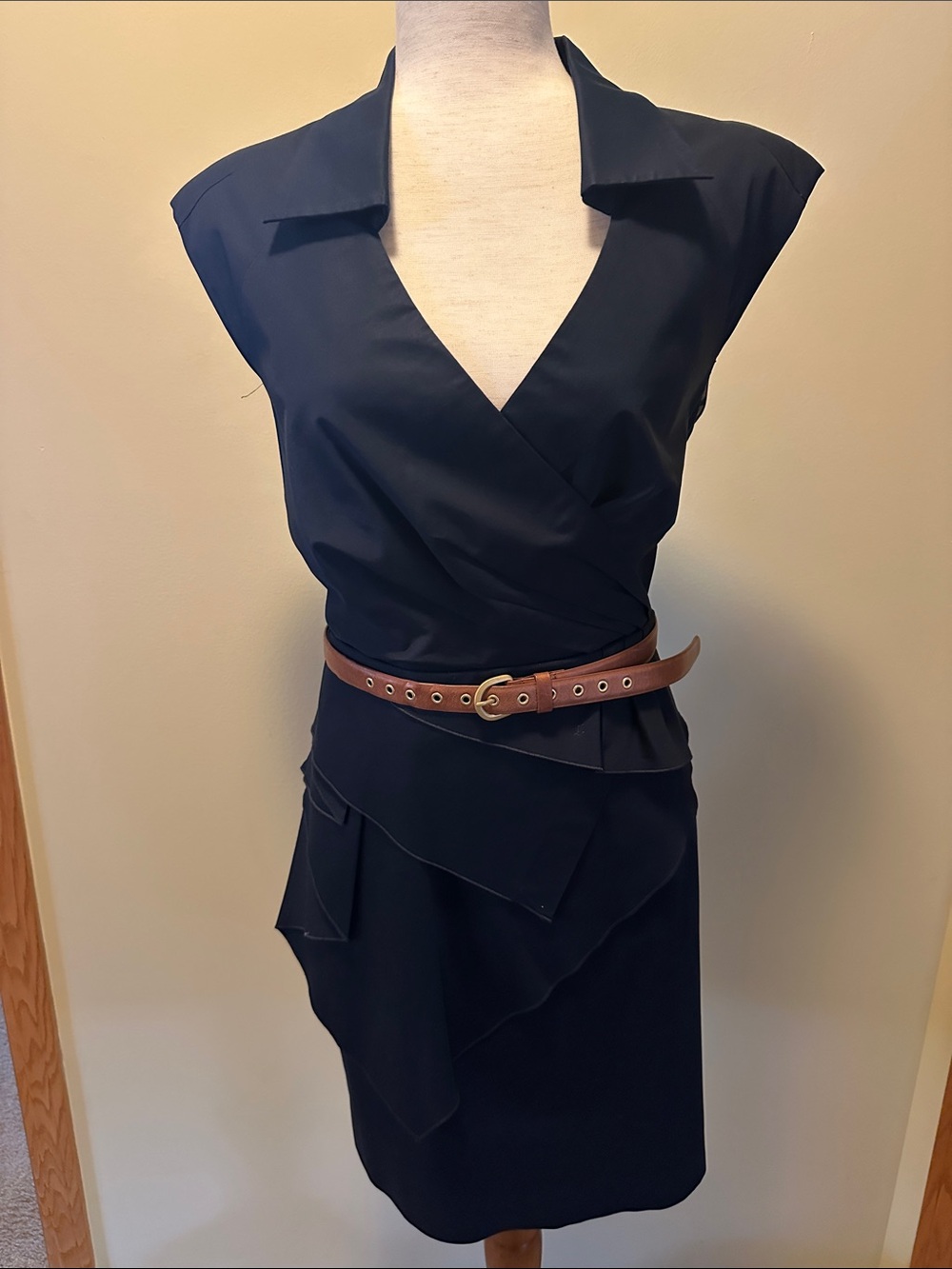 leifsdottir Navy Wrap-like Midi Dress with Brown Belt